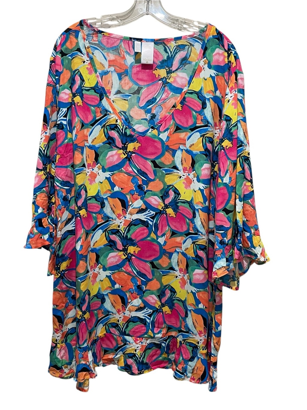 Anne Cole Floral Flounce V Neck Swim Cover Up Tunic Multicolor Womens Size 14/16